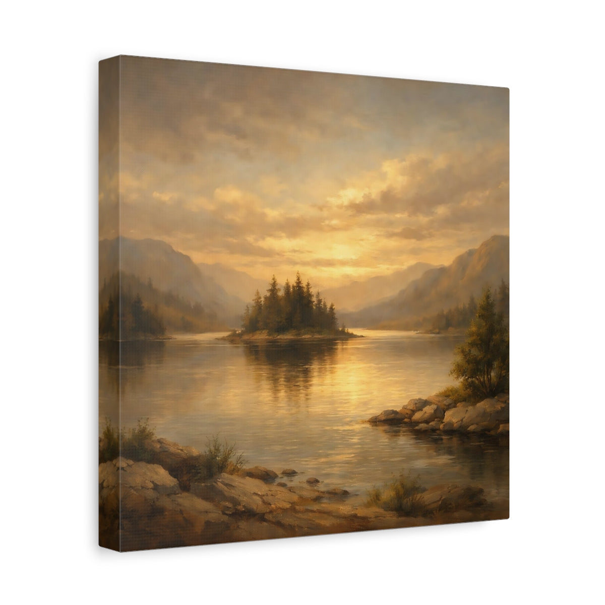 Side Mockup 8. Nature Lake Island Golden Mountain Lake shown as stretched canvas wall art