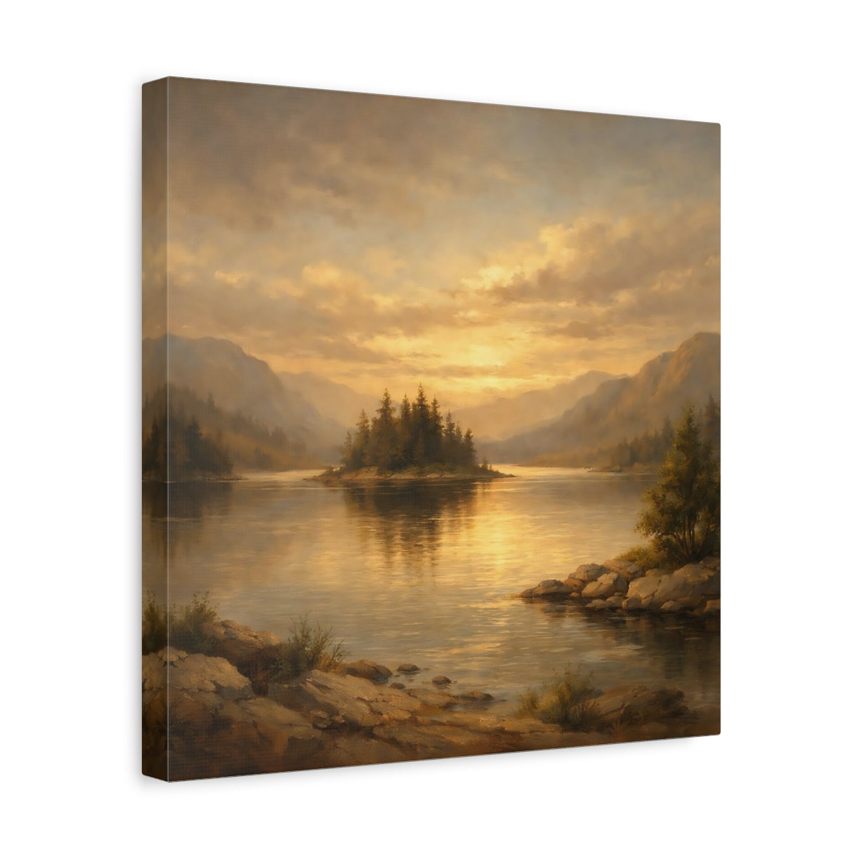 Side Mockup 7. Nature Lake Island Golden Mountain Lake shown as stretched canvas wall art