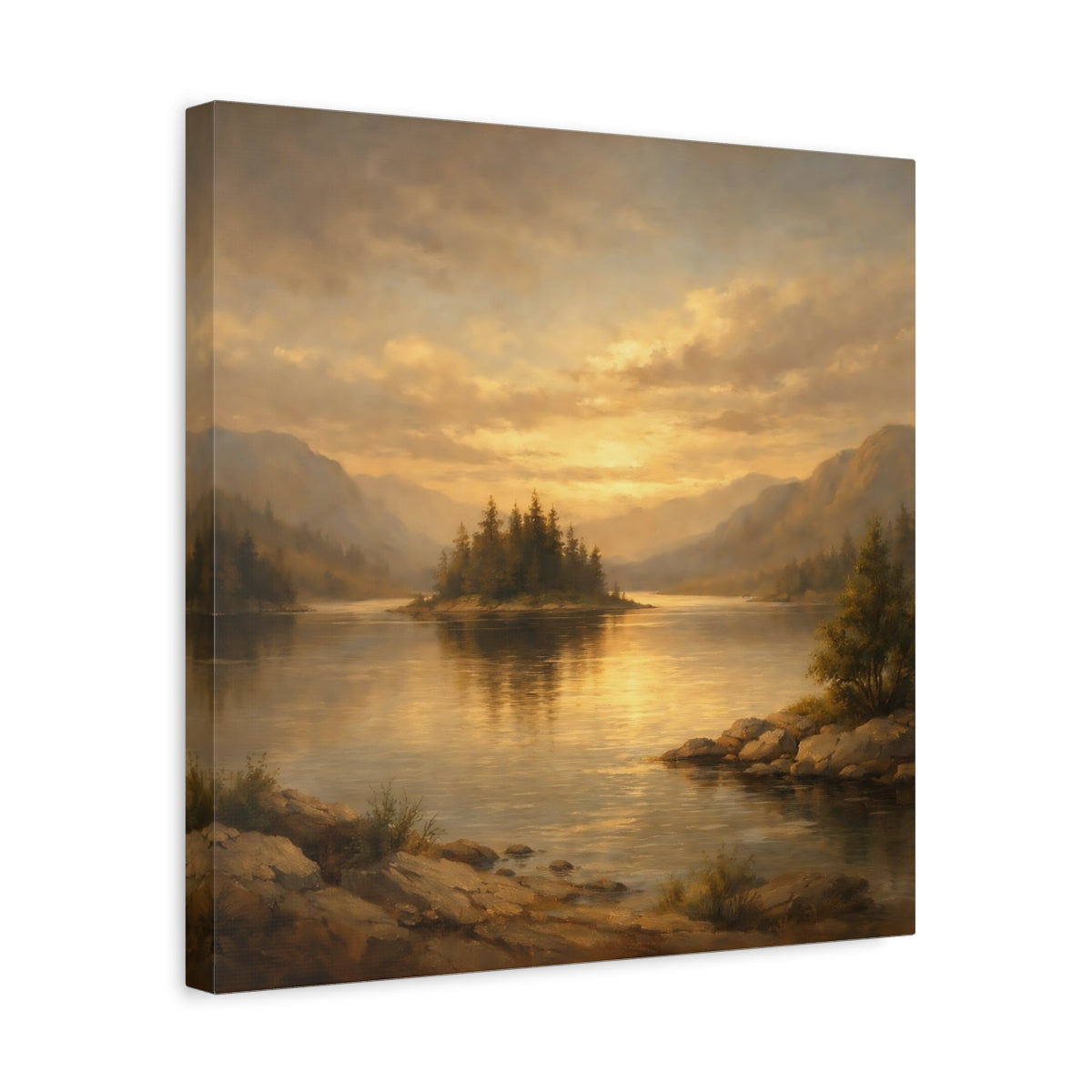 Side Mockup 6. Nature Lake Island Golden Mountain Lake shown as stretched canvas wall art