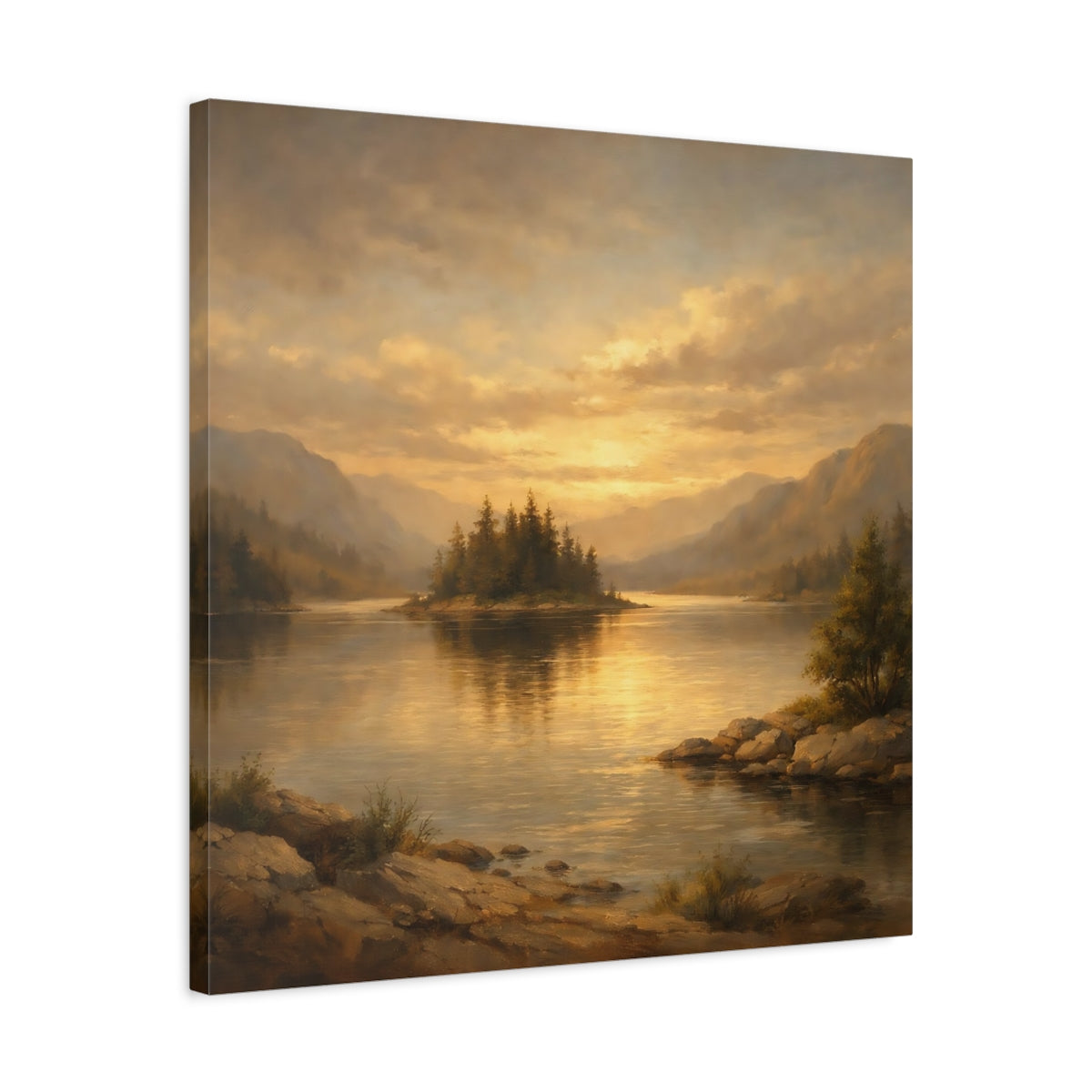 Side Mockup 4. Nature Lake Island Golden Mountain Lake shown as stretched canvas wall art