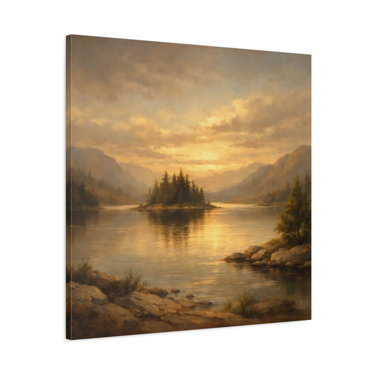 Side Mockup 3. Nature Lake Island Golden Mountain Lake shown as stretched canvas wall art