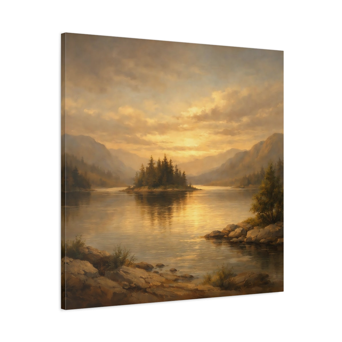Side Mockup 2. Nature Lake Island Golden Mountain Lake shown as stretched canvas wall art