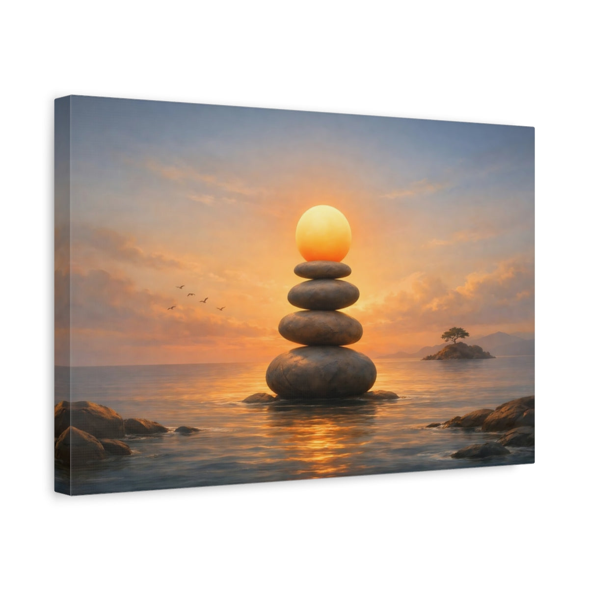 Funny Seascape Sunset Balanced Stones Nature - Canvas Wall Art Print