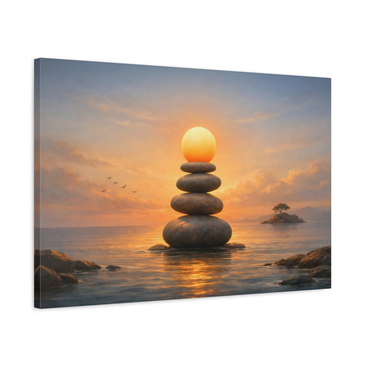 Funny Seascape Sunset Balanced Stones Nature - Canvas Wall Art Print