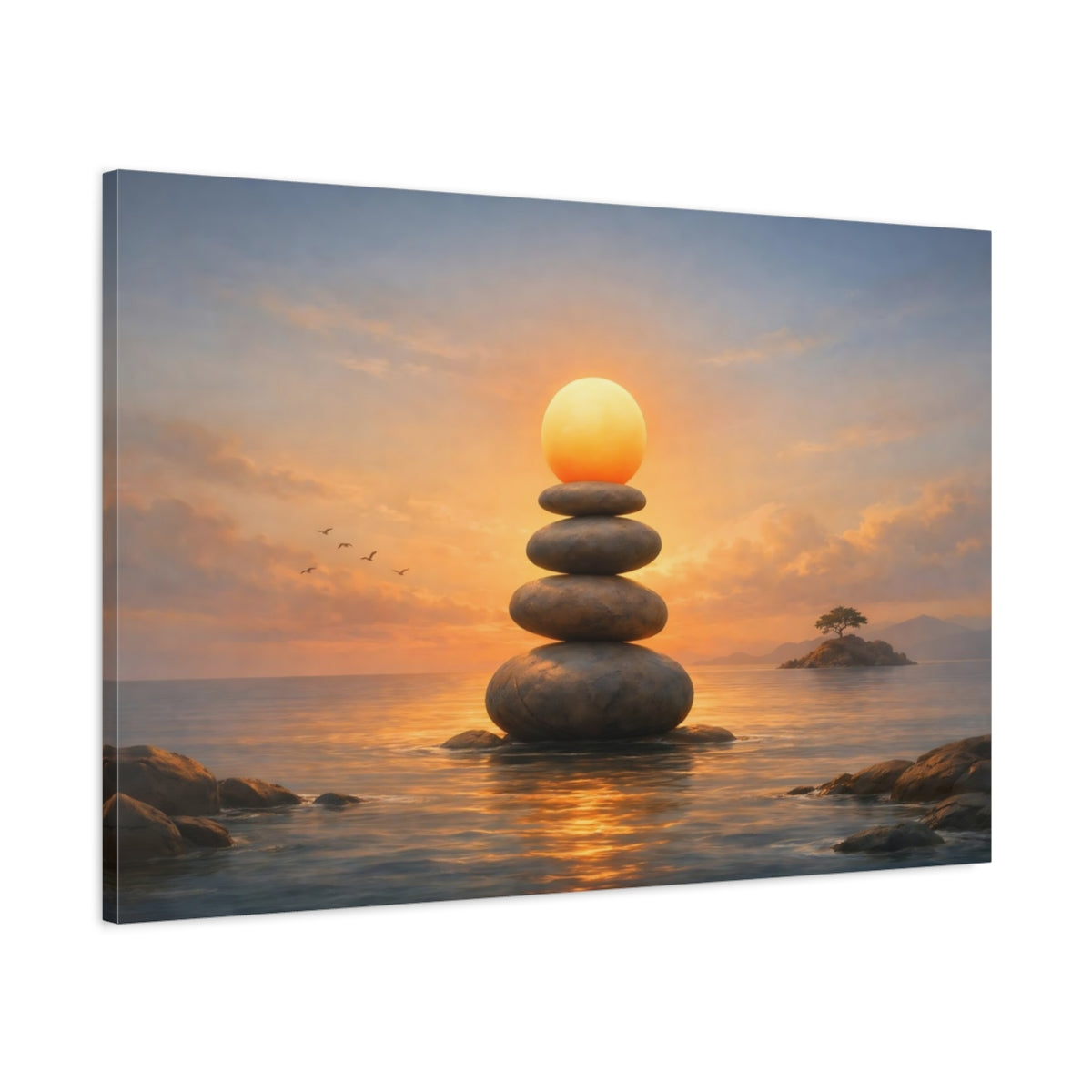 Funny Seascape Sunset Balanced Stones Nature - Canvas Wall Art Print