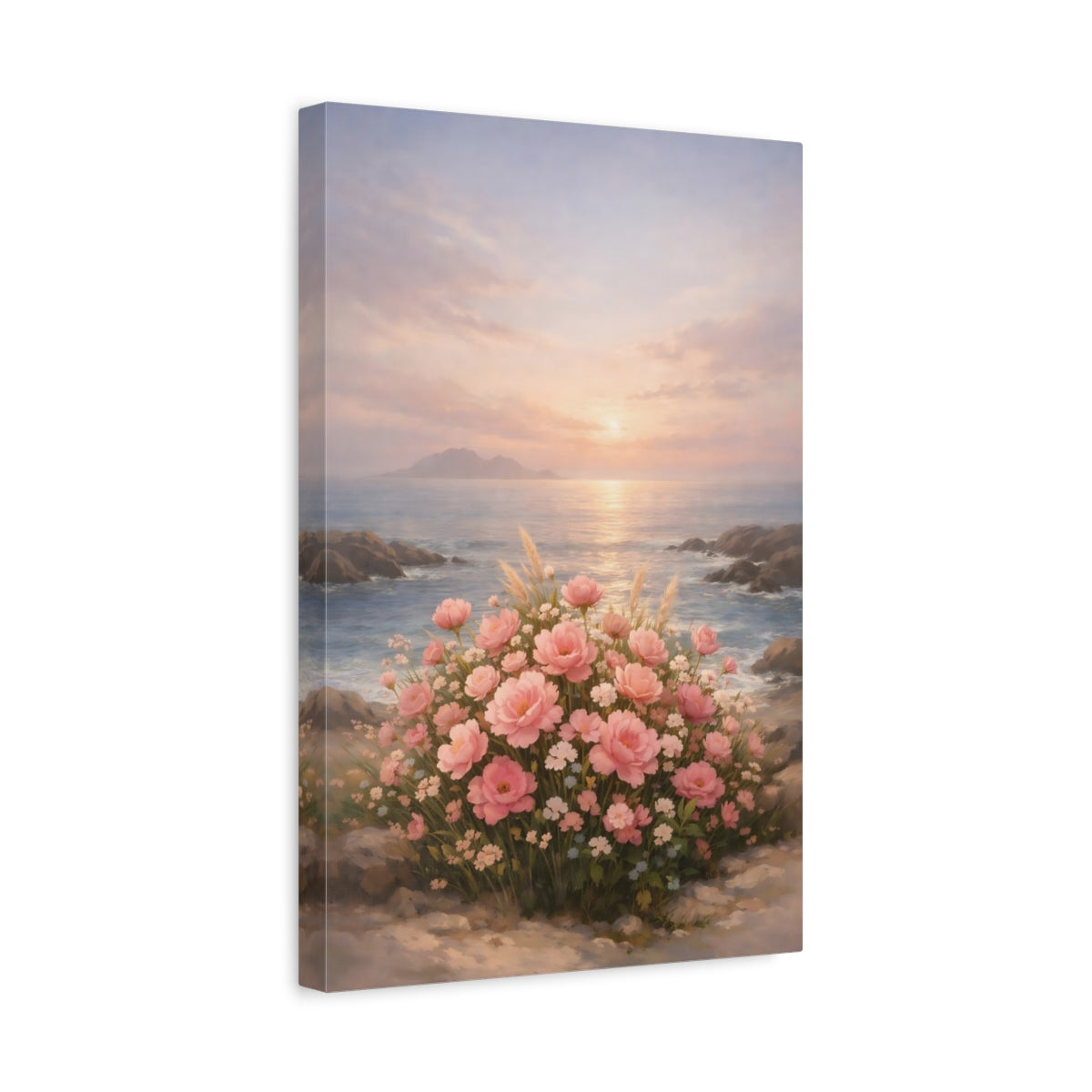 Side Mockup 4. Floral Pink Flowers Pink Floral Sunset shown as stretched canvas wall art