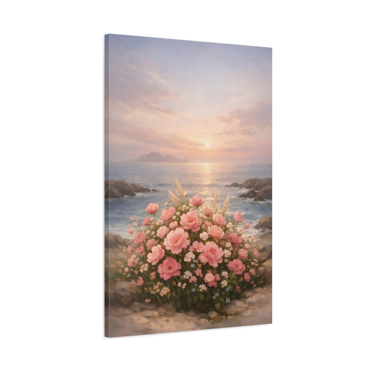 Side Mockup 1. Floral Pink Flowers Pink Floral Sunset shown as stretched canvas wall art