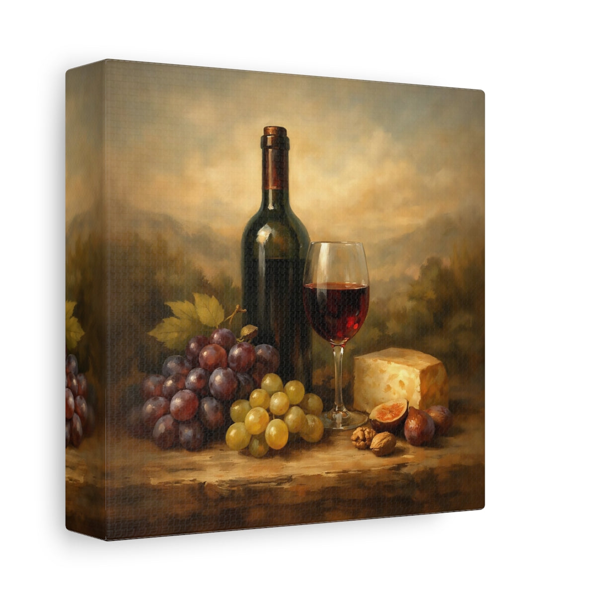 Side Mockup 1. Nature Wine And Grapes Wine Still Life shown as stretched canvas wall art