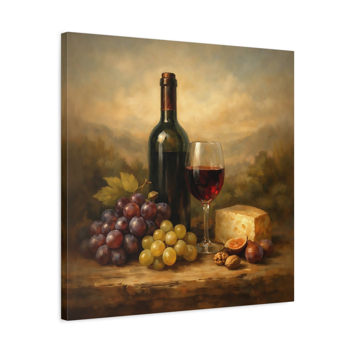 Side Mockup 4. Nature Wine And Grapes Wine Still Life shown as stretched canvas wall art