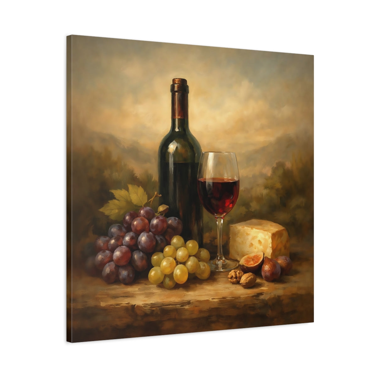 Side Mockup 3. Nature Wine And Grapes Wine Still Life shown as stretched canvas wall art