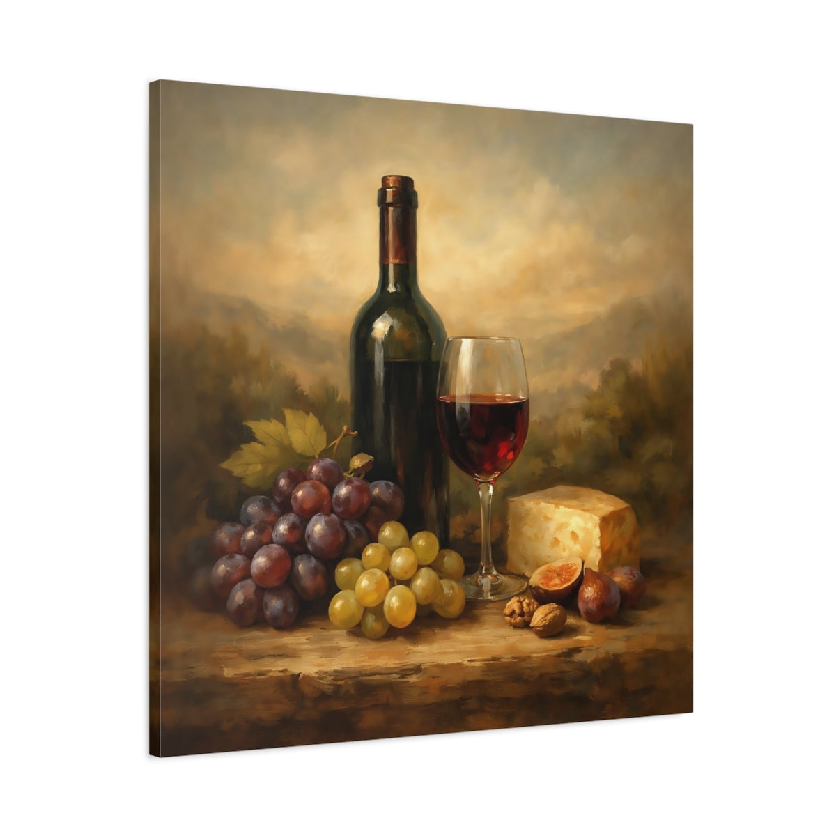 Side Mockup 2. Nature Wine And Grapes Wine Still Life shown as stretched canvas wall art