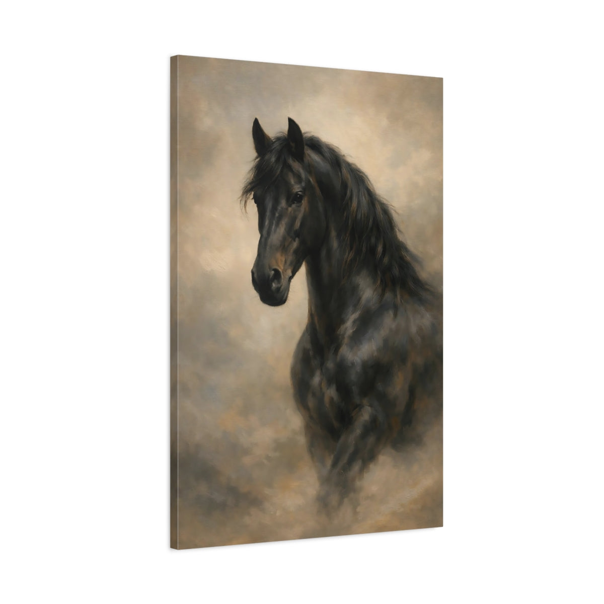 Side Mockup 1. Animals Black Horse Black And Brown Horse shown as stretched canvas wall art