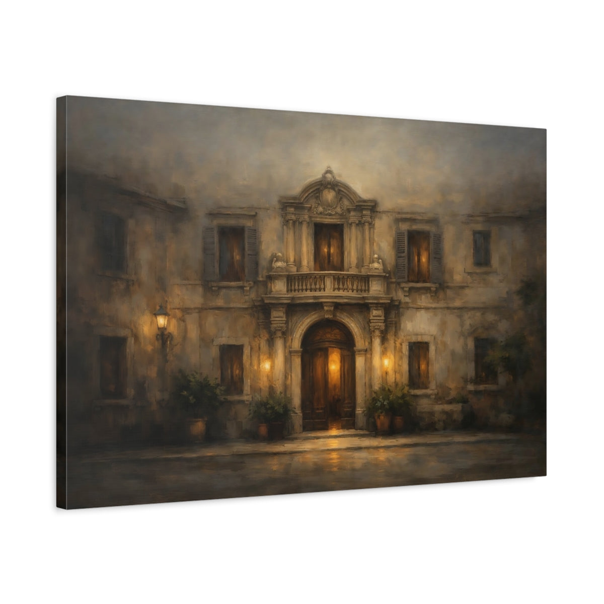 Side Mockup 2. Moody Facade Pattern Horizontal Layout shown as stretched canvas wall art