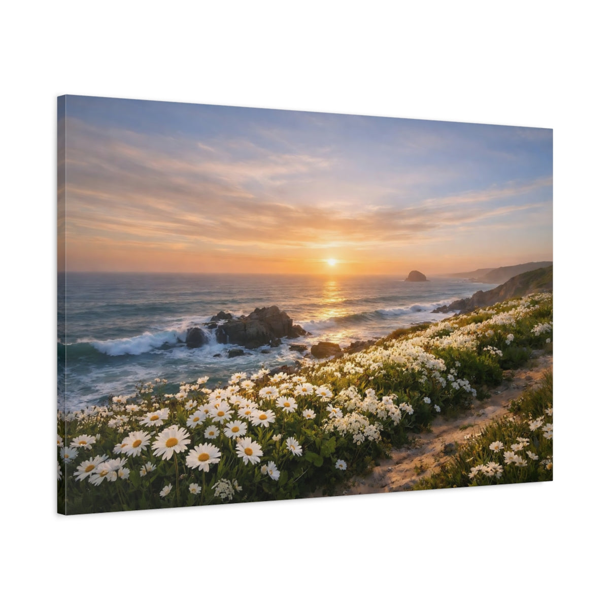 Side Mockup 1. Seascape White Flowers shown as stretched canvas wall art