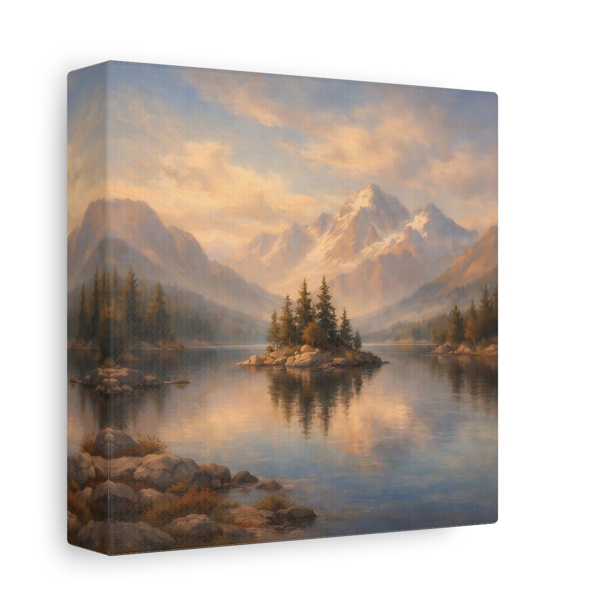Side Mockup 1. Nature Mountain Lake Mountain Lake shown as stretched canvas wall art