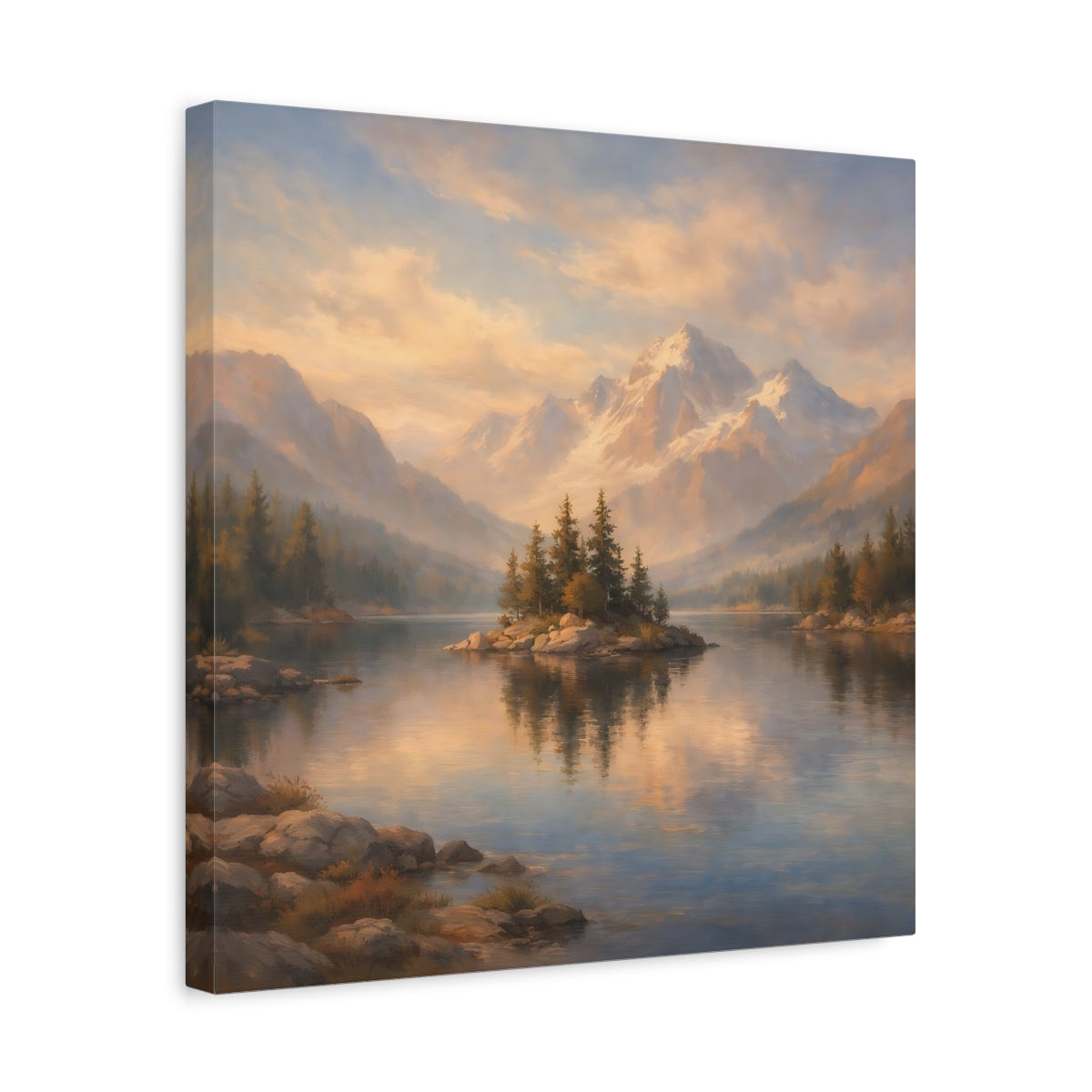 Side Mockup 6. Nature Mountain Lake Mountain Lake shown as stretched canvas wall art