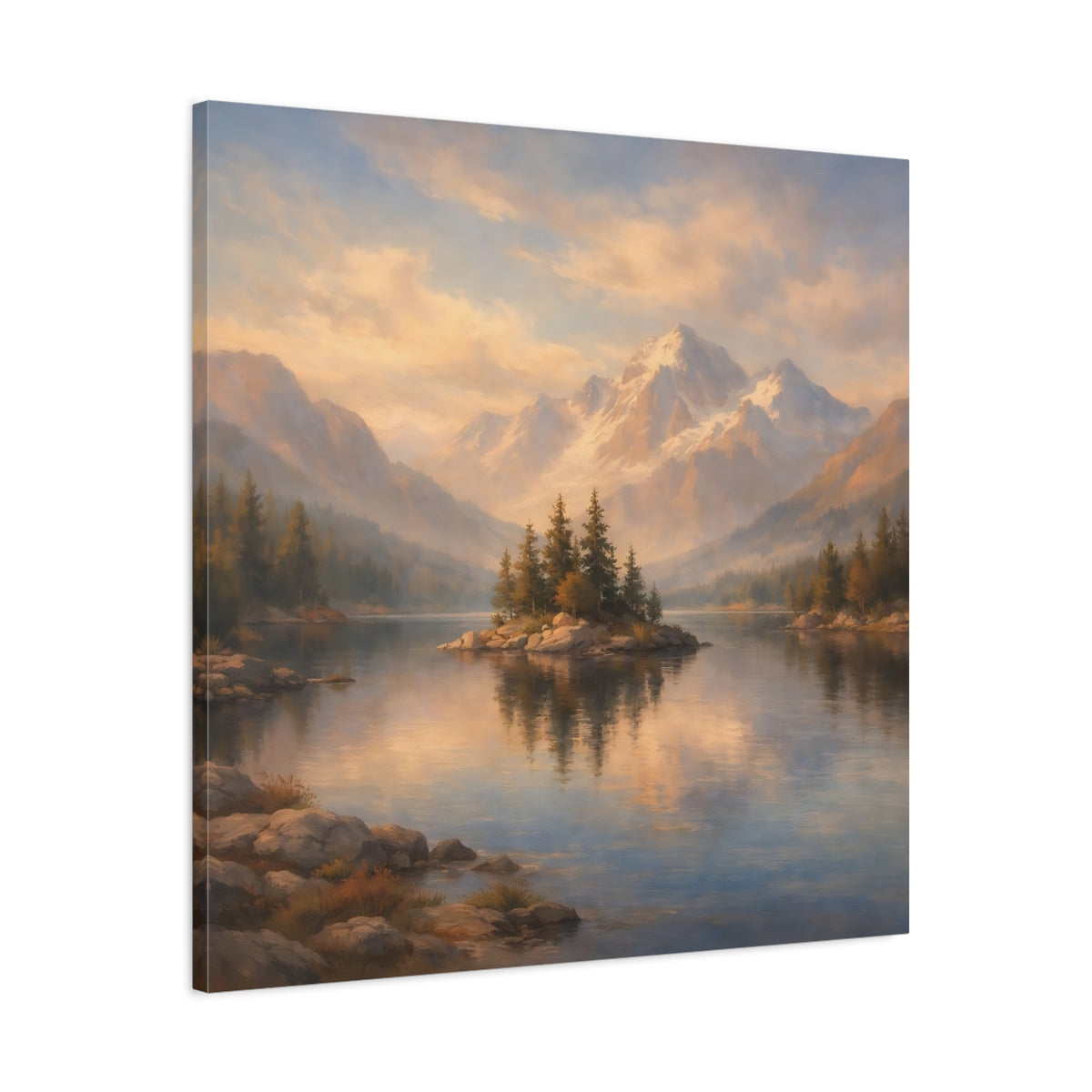 Side Mockup 3. Nature Mountain Lake Mountain Lake shown as stretched canvas wall art