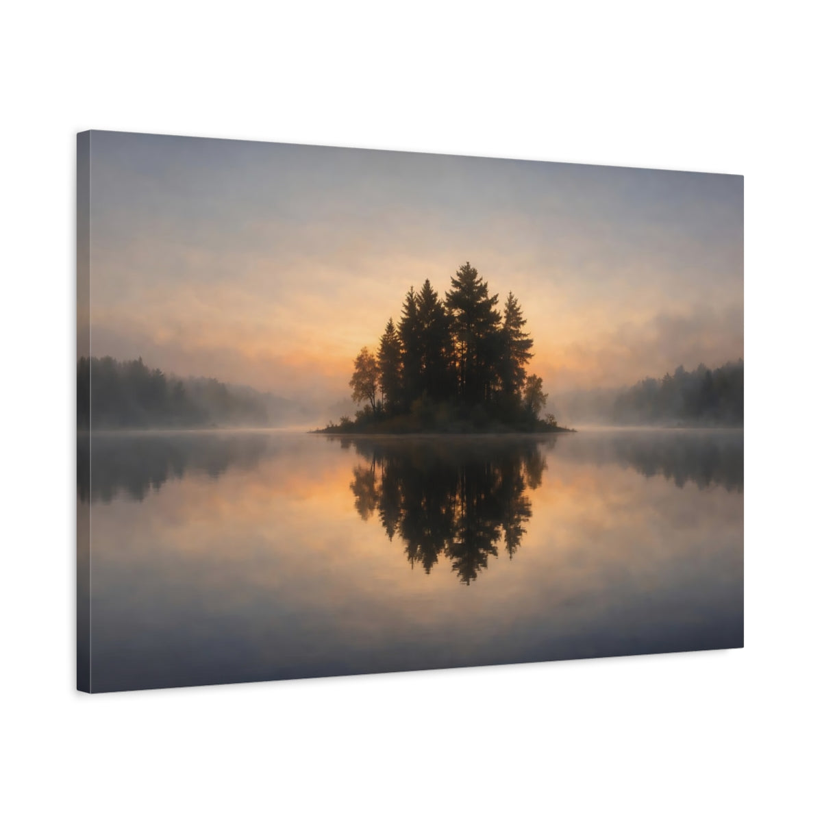 Floral Lake Reflection Forest Island Nature - Canvas Wall Art Print
