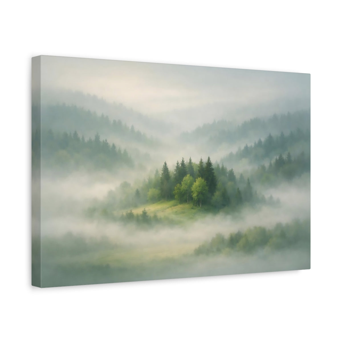 Mist Depth Trees Green Misty Forest Nature - Canvas Wall Art Print