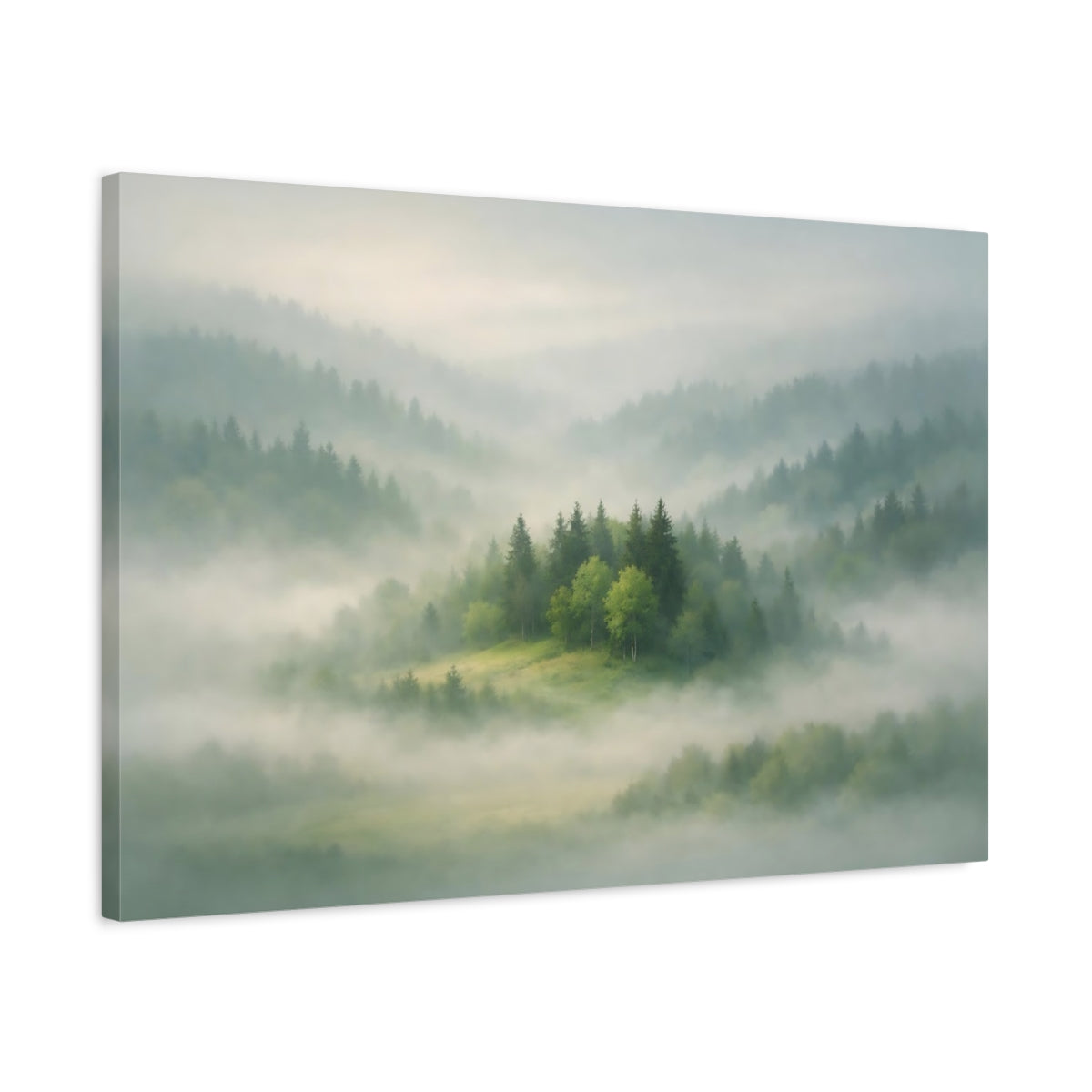 Mist Depth Trees Green Misty Forest Nature - Canvas Wall Art Print