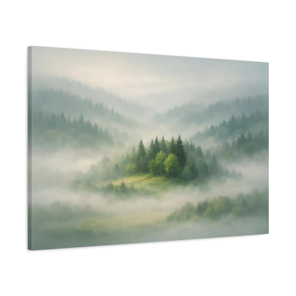 Mist Depth Trees Green Misty Forest Nature - Canvas Wall Art Print