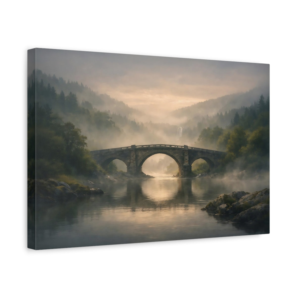 Mist Depth River Bridge Stone Nature - Canvas Wall Art Print