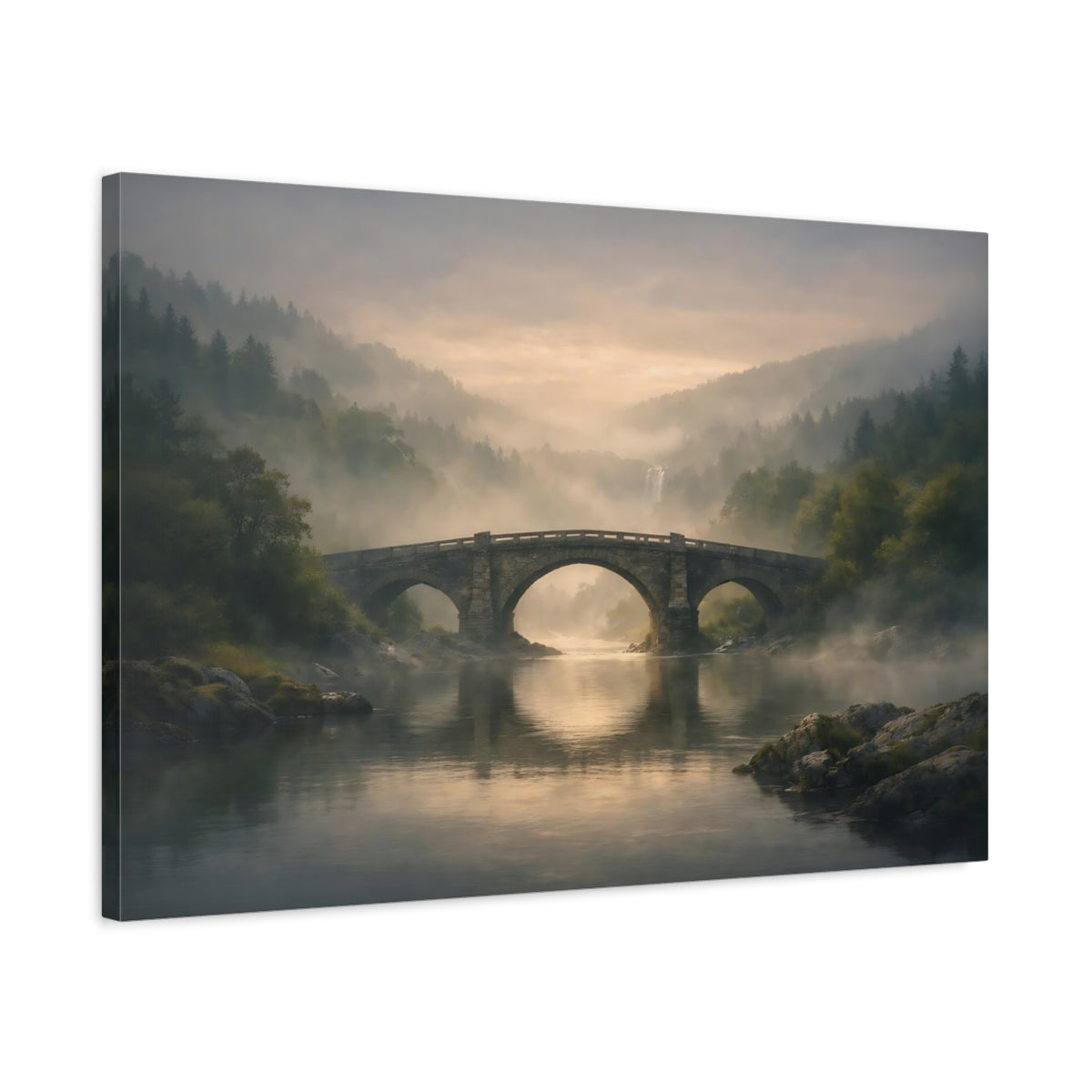 Mist Depth River Bridge Stone Nature - Canvas Wall Art Print