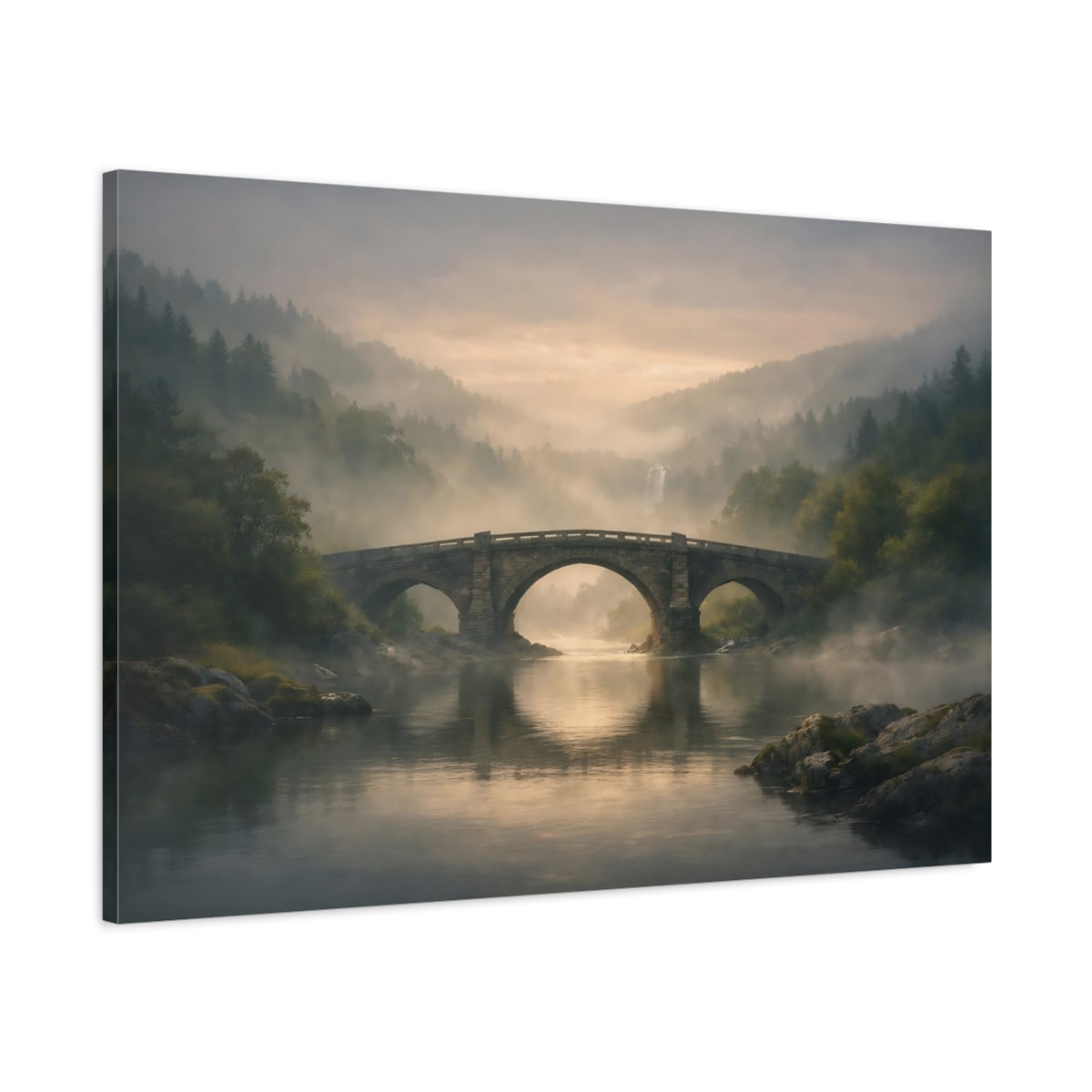 Mist Depth River Bridge Stone Nature - Canvas Wall Art Print