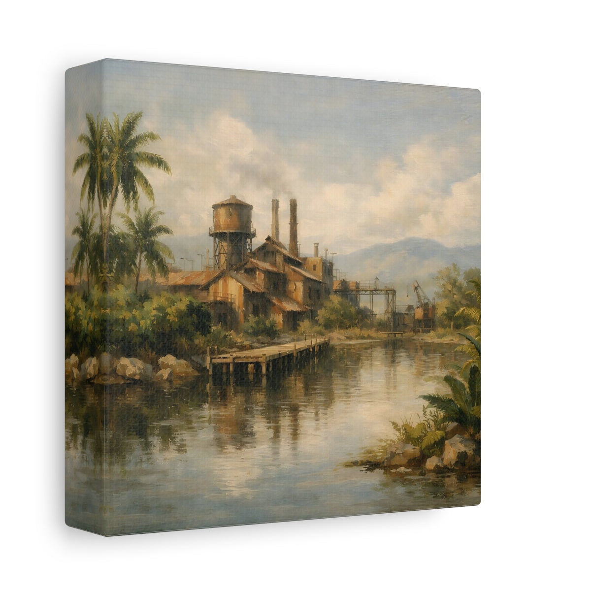 Side Mockup 1. Vintage Industrial Factory Tropical Factory Landscape shown as stretched canvas wall art