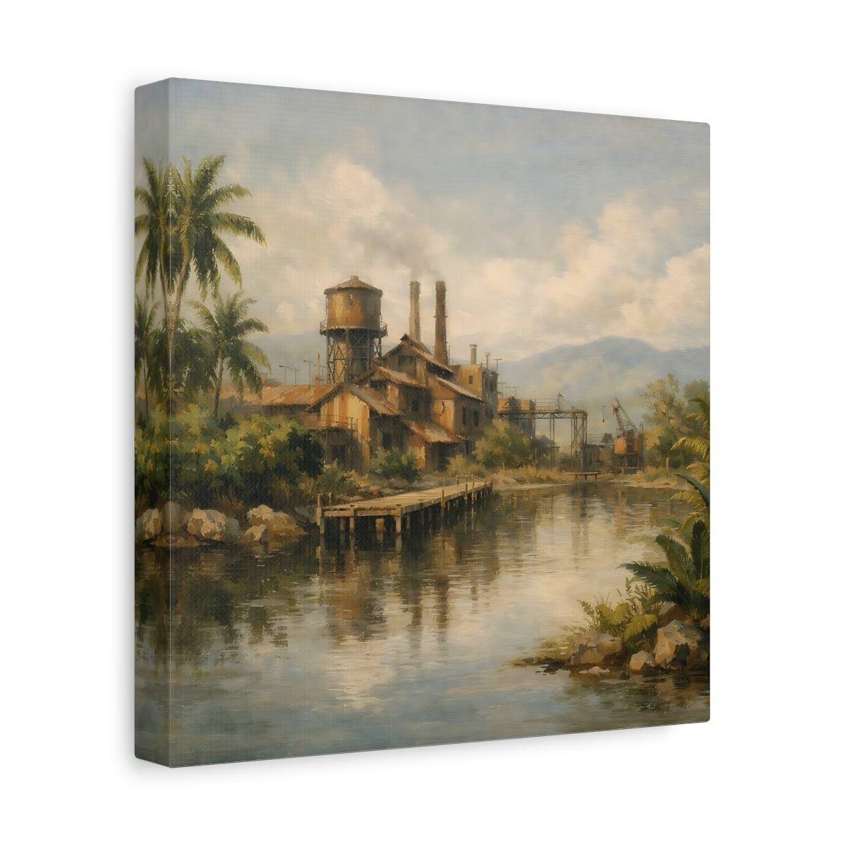 Side Mockup 9. Vintage Industrial Factory Tropical Factory Landscape shown as stretched canvas wall art