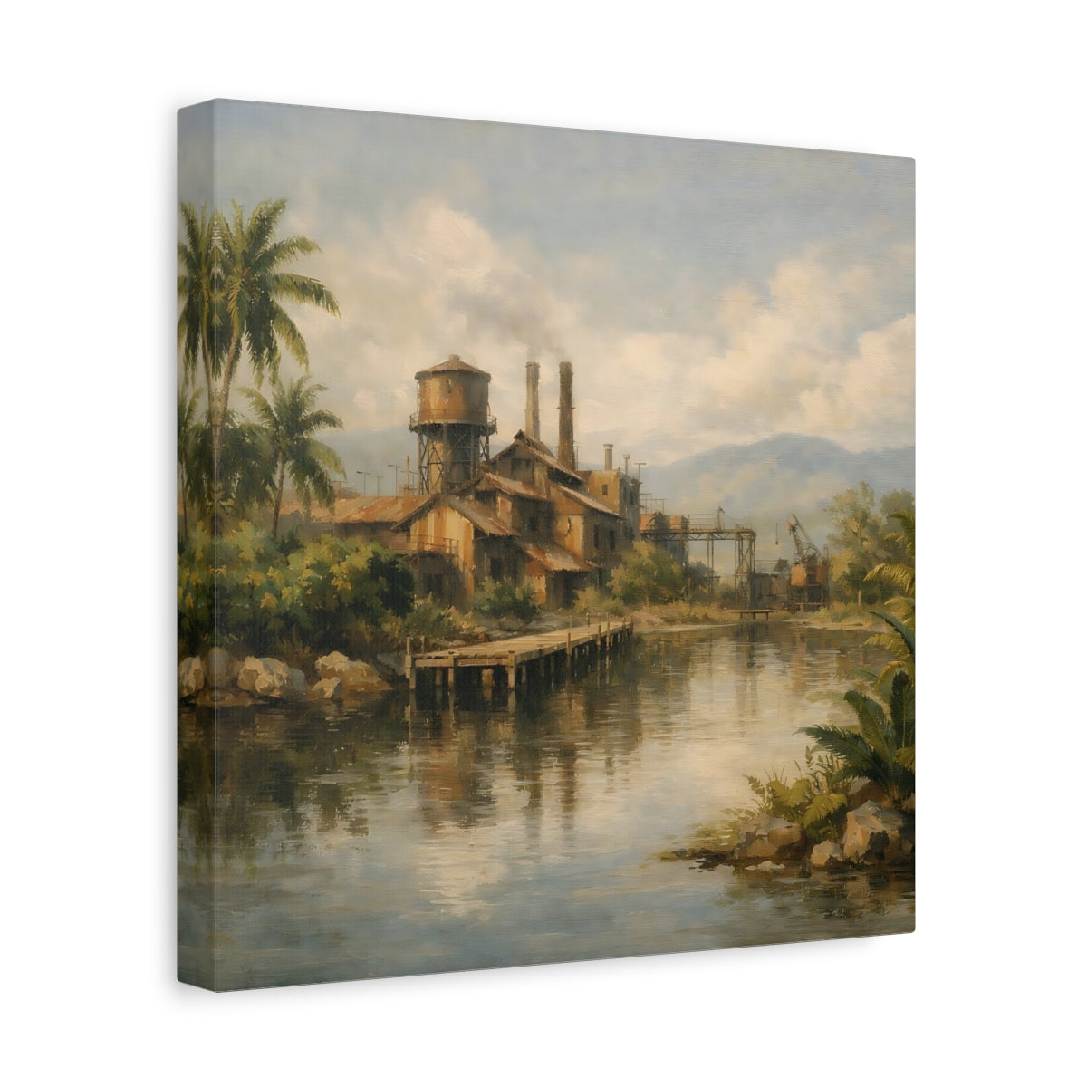 Side Mockup 8. Vintage Industrial Factory Tropical Factory Landscape shown as stretched canvas wall art