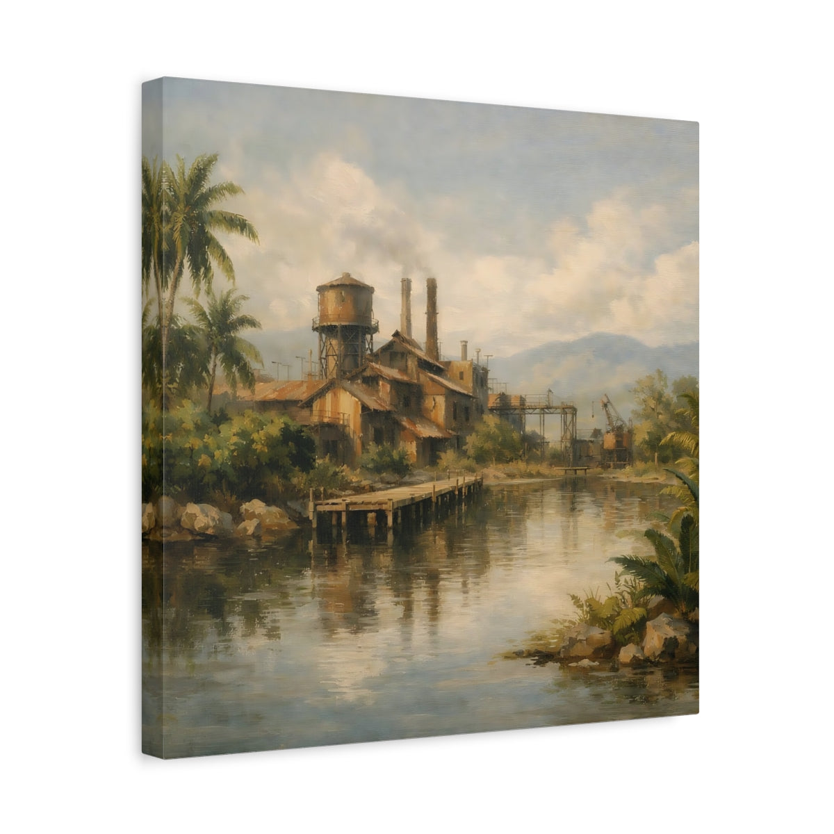Side Mockup 6. Vintage Industrial Factory Tropical Factory Landscape shown as stretched canvas wall art