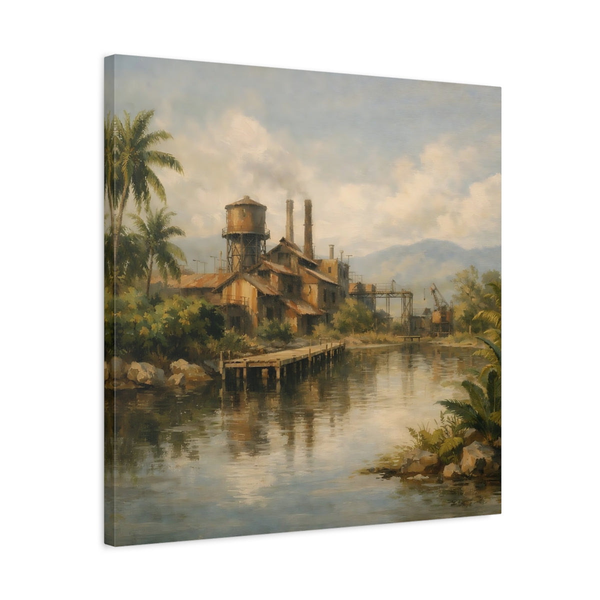 Side Mockup 4. Vintage Industrial Factory Tropical Factory Landscape shown as stretched canvas wall art
