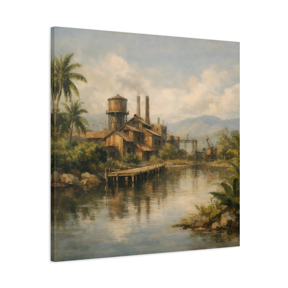 Side Mockup 3. Vintage Industrial Factory Tropical Factory Landscape shown as stretched canvas wall art