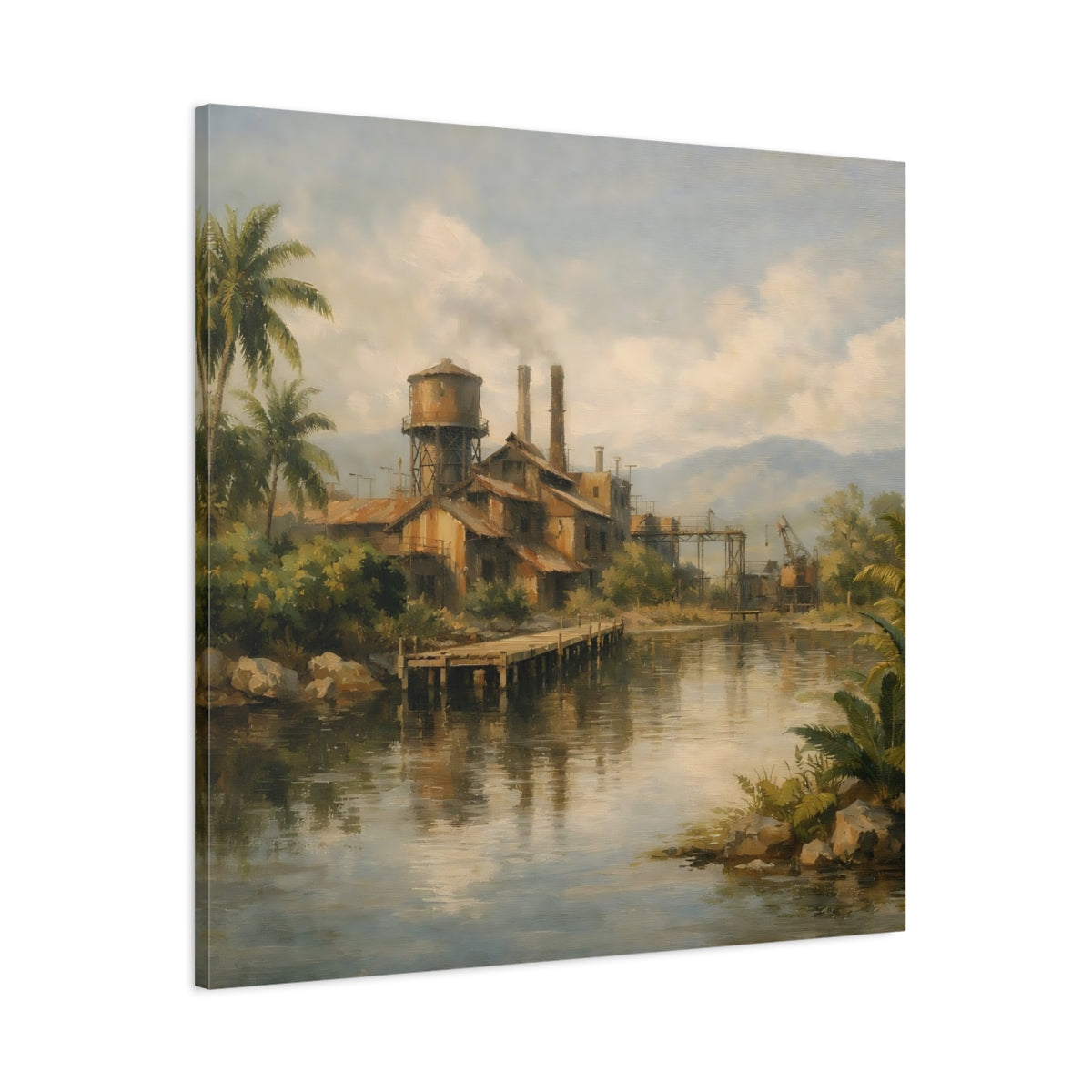 Side Mockup 2. Vintage Industrial Factory Tropical Factory Landscape shown as stretched canvas wall art