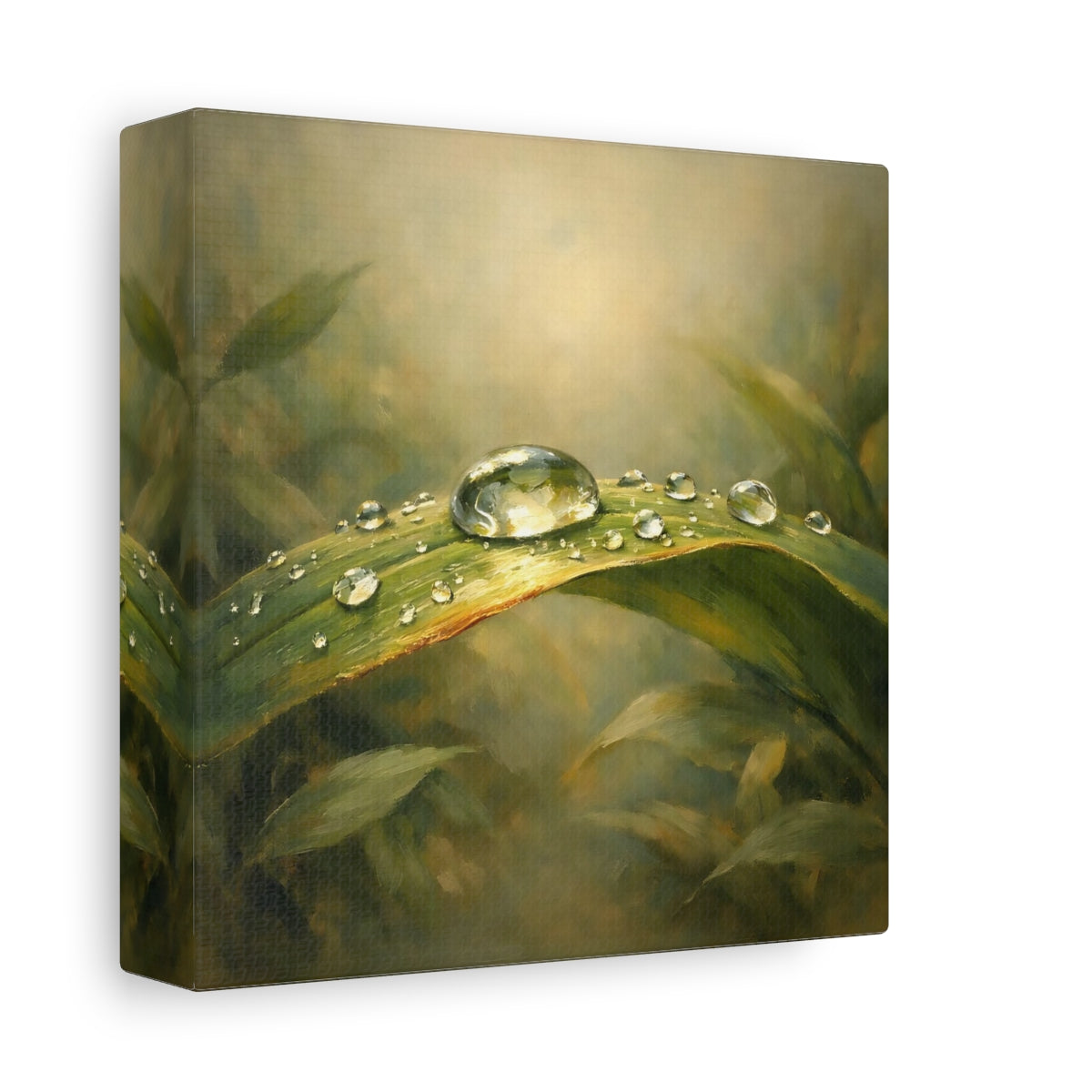 Side Mockup 1. Nature Water Droplet Green Dewdrop shown as stretched canvas wall art