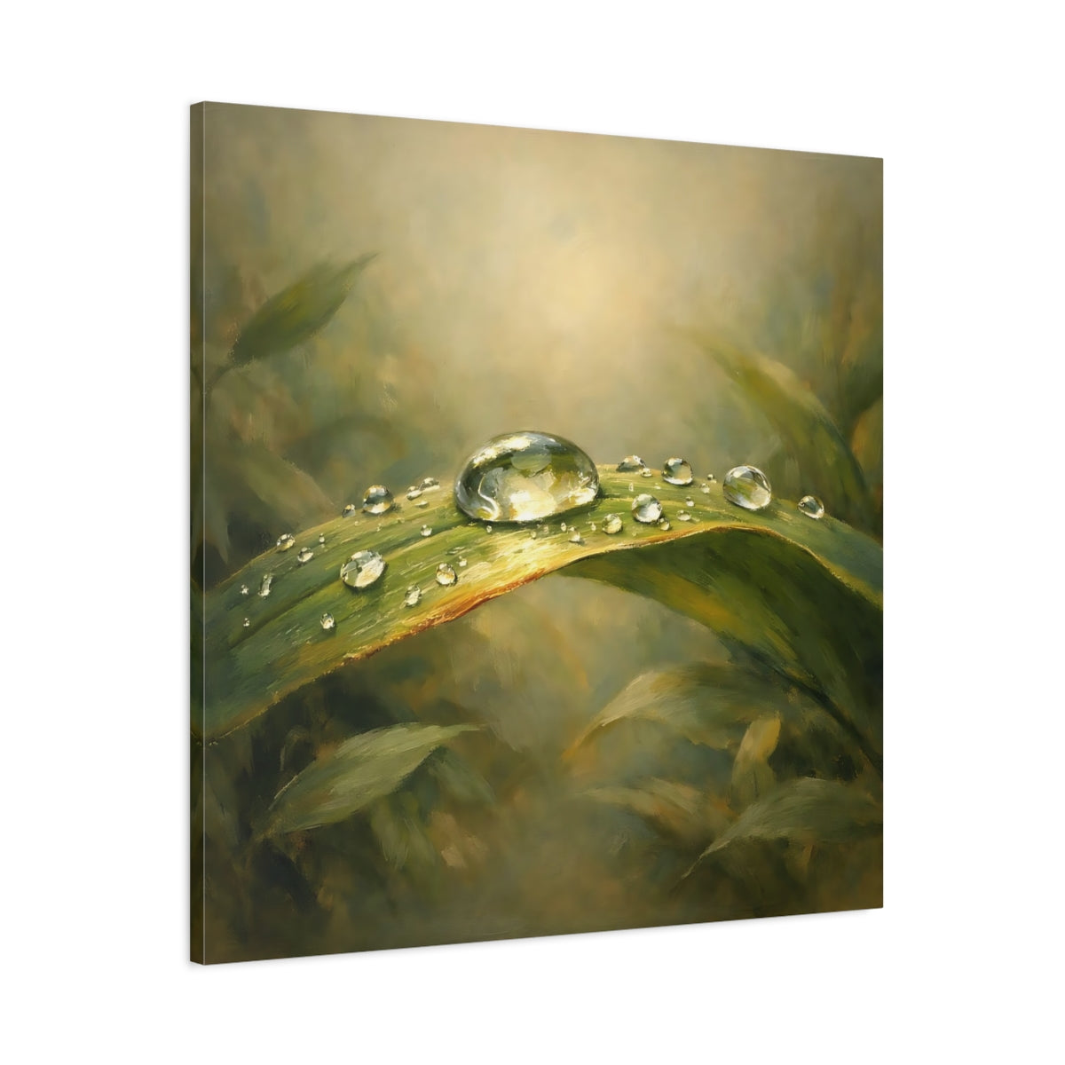 Side Mockup 2. Nature Water Droplet Green Dewdrop shown as stretched canvas wall art