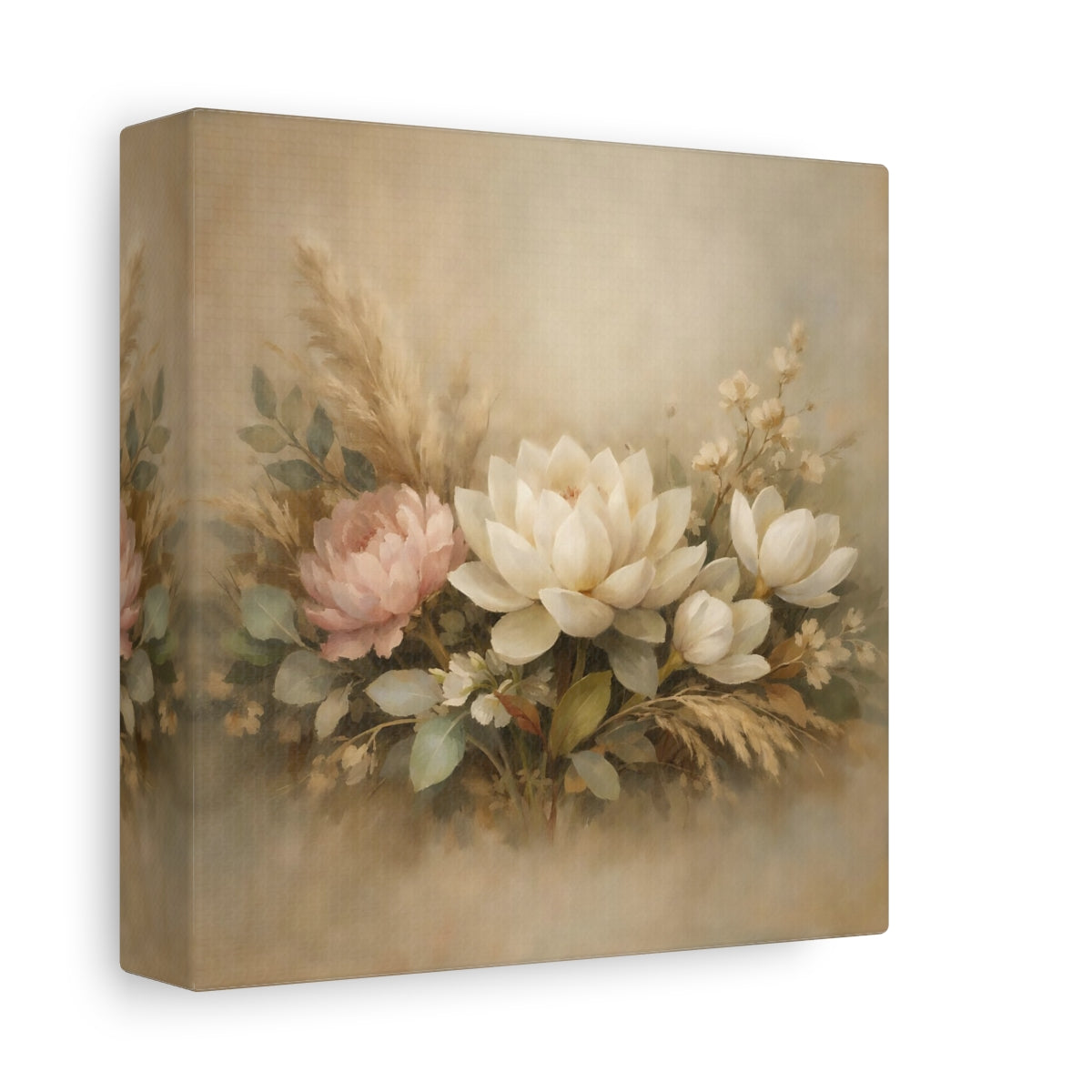Side Mockup 1. Floral Floral Arrangement Neutral Floral Arrangement shown as stretched canvas wall art