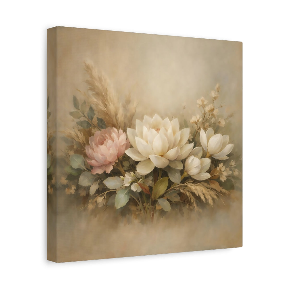 Side Mockup 8. Floral Floral Arrangement Neutral Floral Arrangement shown as stretched canvas wall art