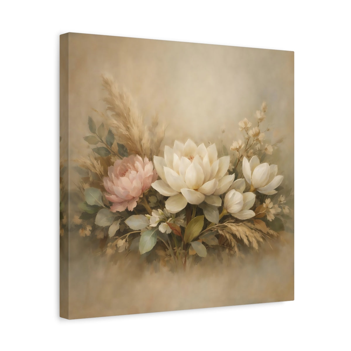Side Mockup 6. Floral Floral Arrangement Neutral Floral Arrangement shown as stretched canvas wall art