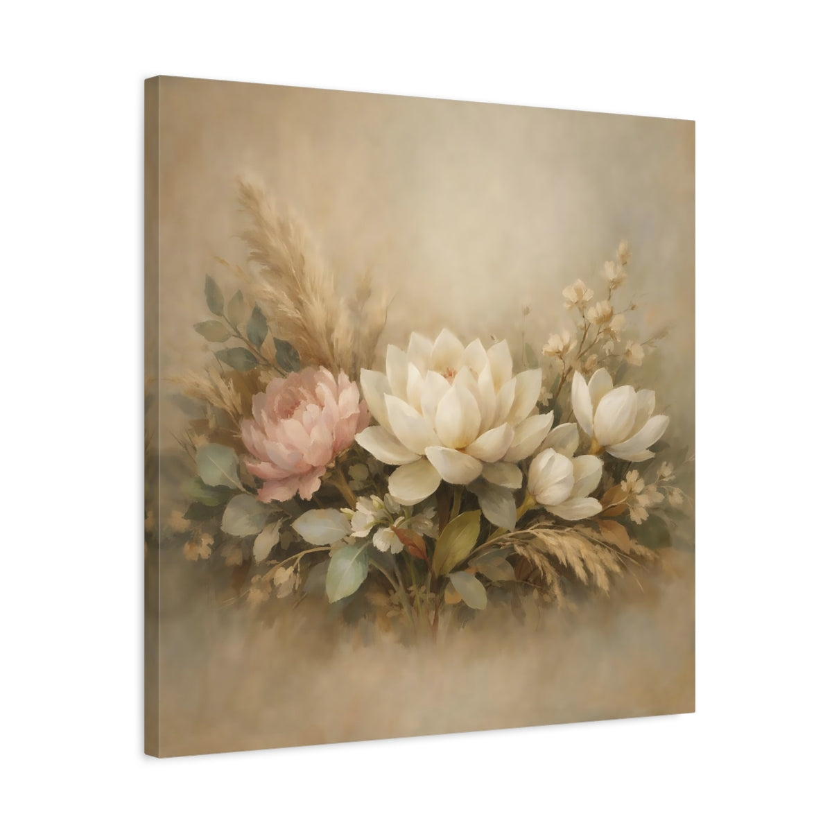 Side Mockup 4. Floral Floral Arrangement Neutral Floral Arrangement shown as stretched canvas wall art