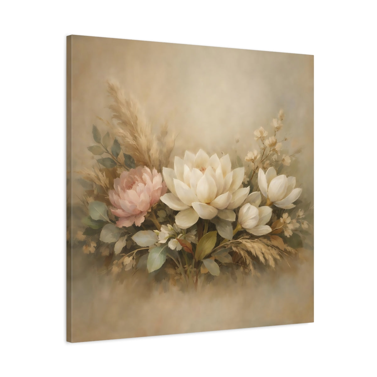 Side Mockup 3. Floral Floral Arrangement Neutral Floral Arrangement shown as stretched canvas wall art