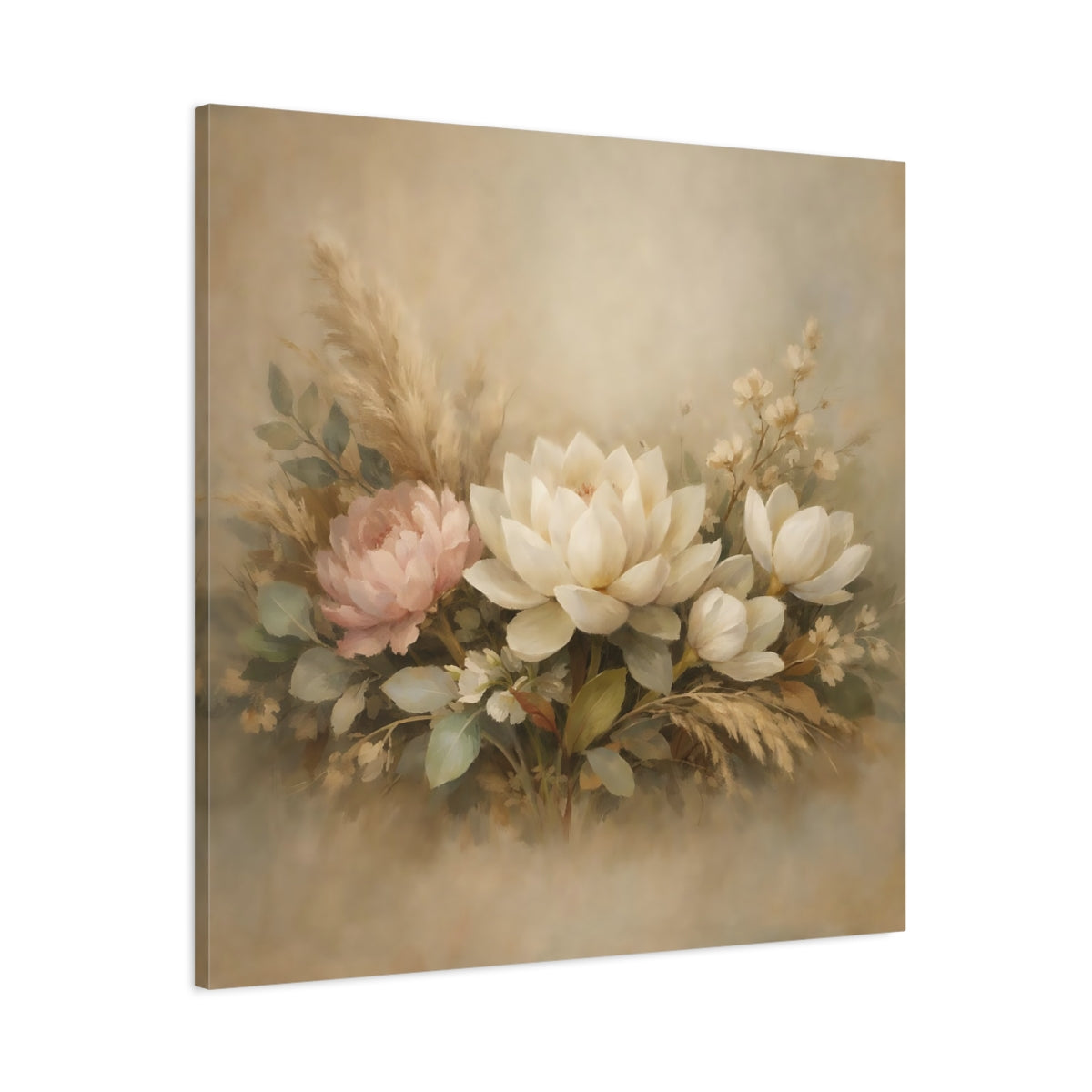 Side Mockup 2. Floral Floral Arrangement Neutral Floral Arrangement shown as stretched canvas wall art