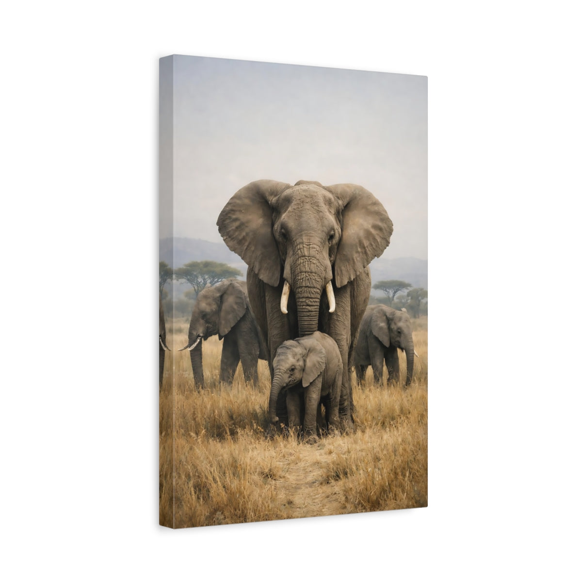 Side Mockup 4. Animals Elephants Savanna Elephants shown as stretched canvas wall art