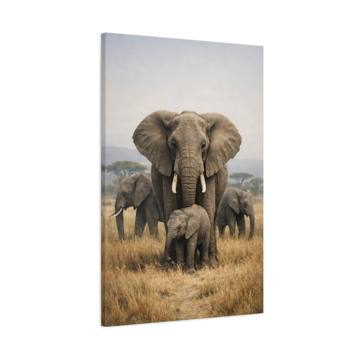 Side Mockup 1. Animals Elephants Savanna Elephants shown as stretched canvas wall art