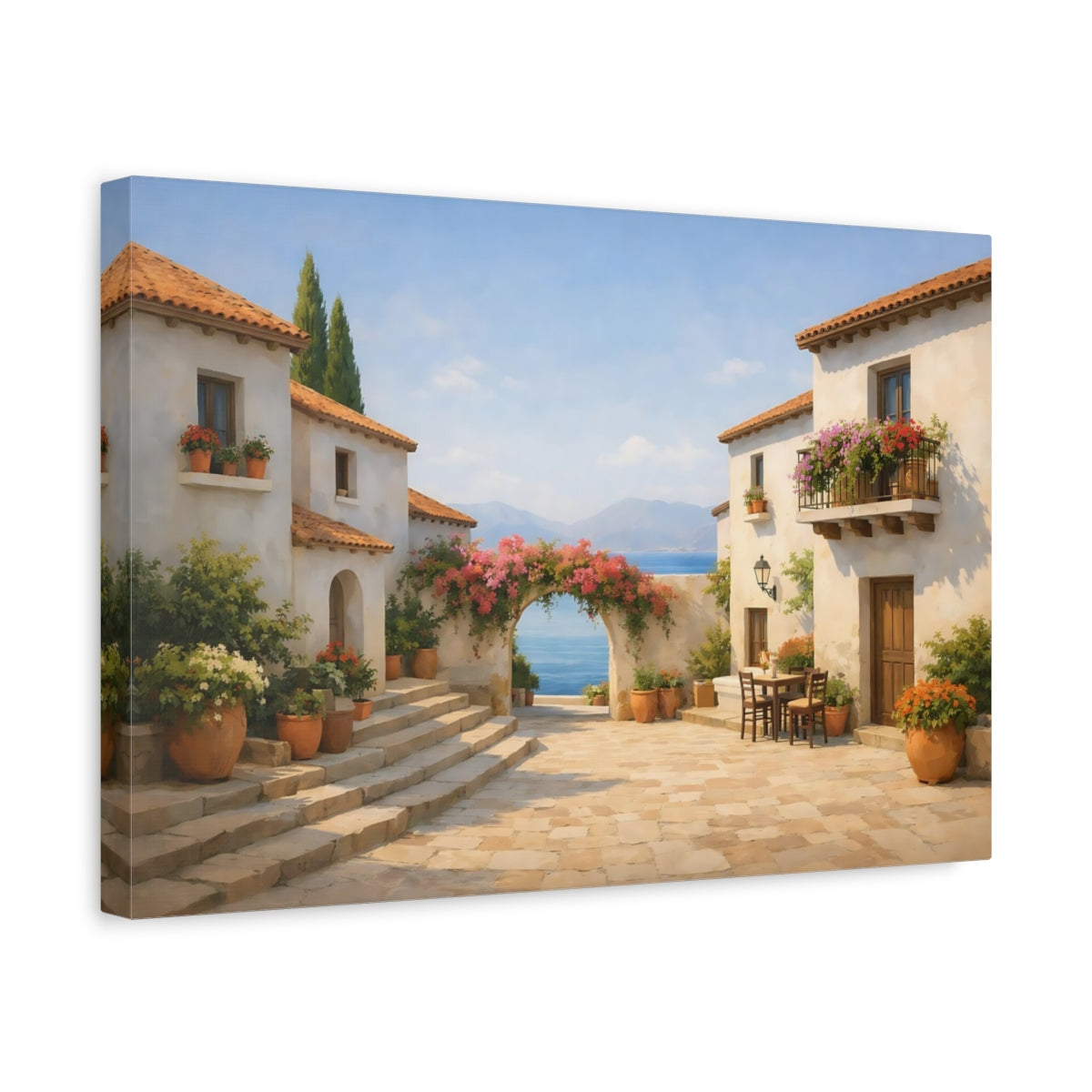 Contemporary Mediterranean Village Street Coastal Floral - Canvas Wall Art Print