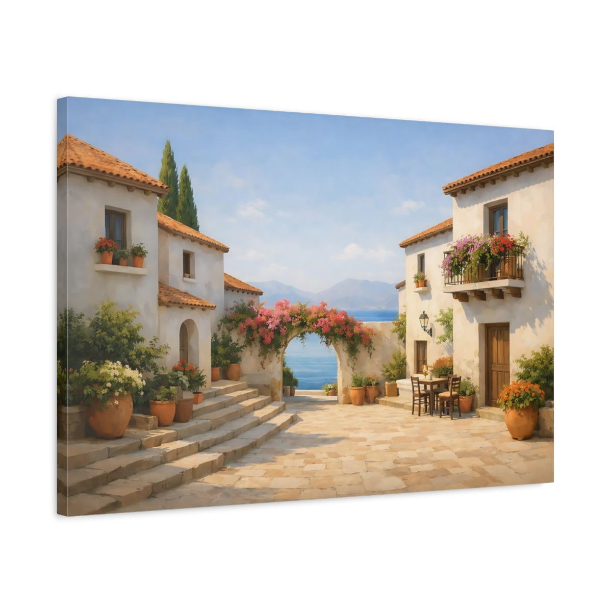 Contemporary Mediterranean Village Street Coastal Floral - Canvas Wall Art Print
