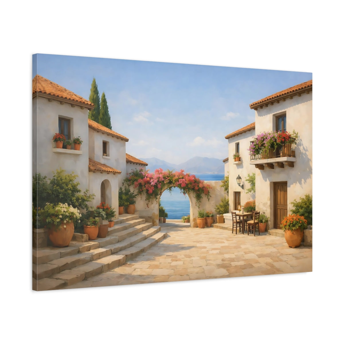 Contemporary Mediterranean Village Street Coastal Floral - Canvas Wall Art Print