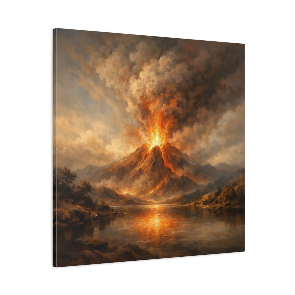 Side Mockup 2. Nature Volcano Eruption Orange Volcano shown as stretched canvas wall art