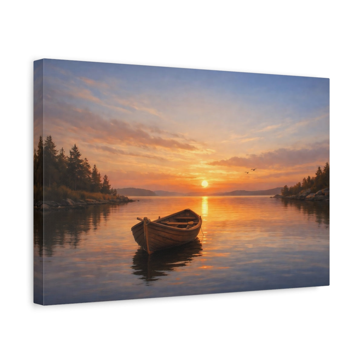 Side Mockup 4. Nature Sunset Boat shown as stretched canvas wall art